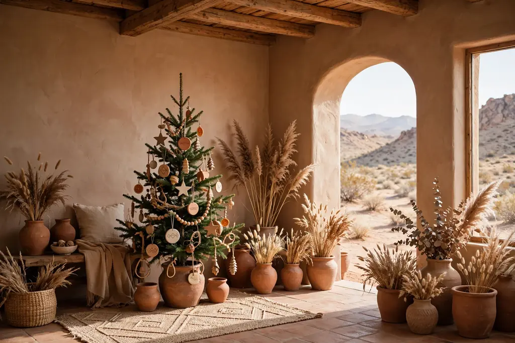 Desert style room with terracotta pots and a small tree with clay and wood ornaments.