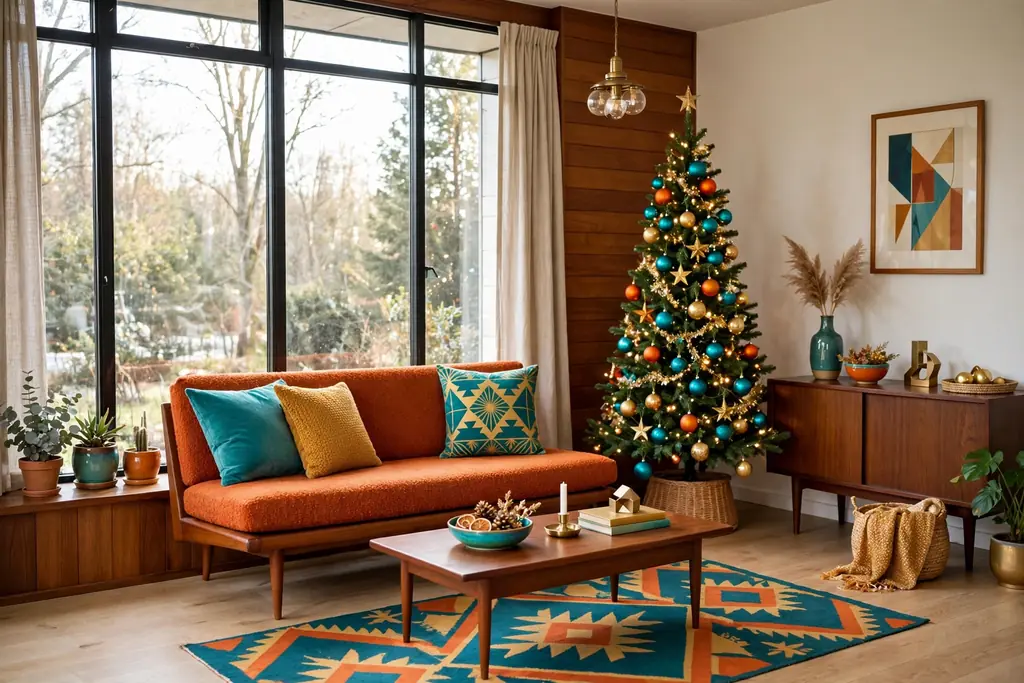 Mid-century living room with a slim Christmas tree and bright teal, orange, and gold ornaments.