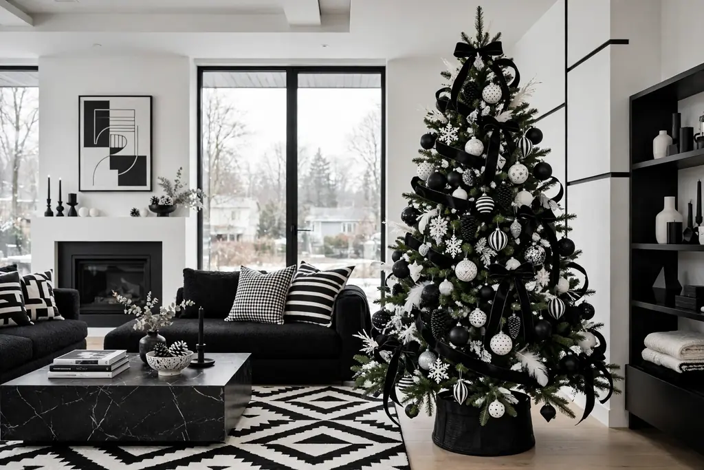 Modern black and white living room with a Christmas tree decorated in black and white ornaments.