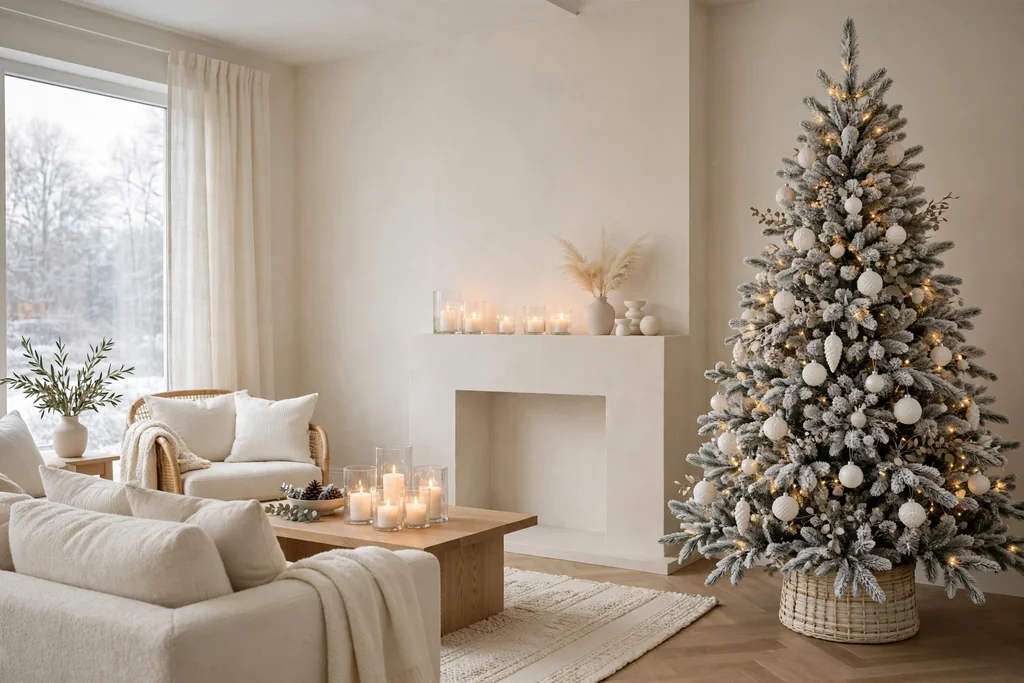 Calm cream and white living room with a frosted Christmas tree and candles in glass holders.