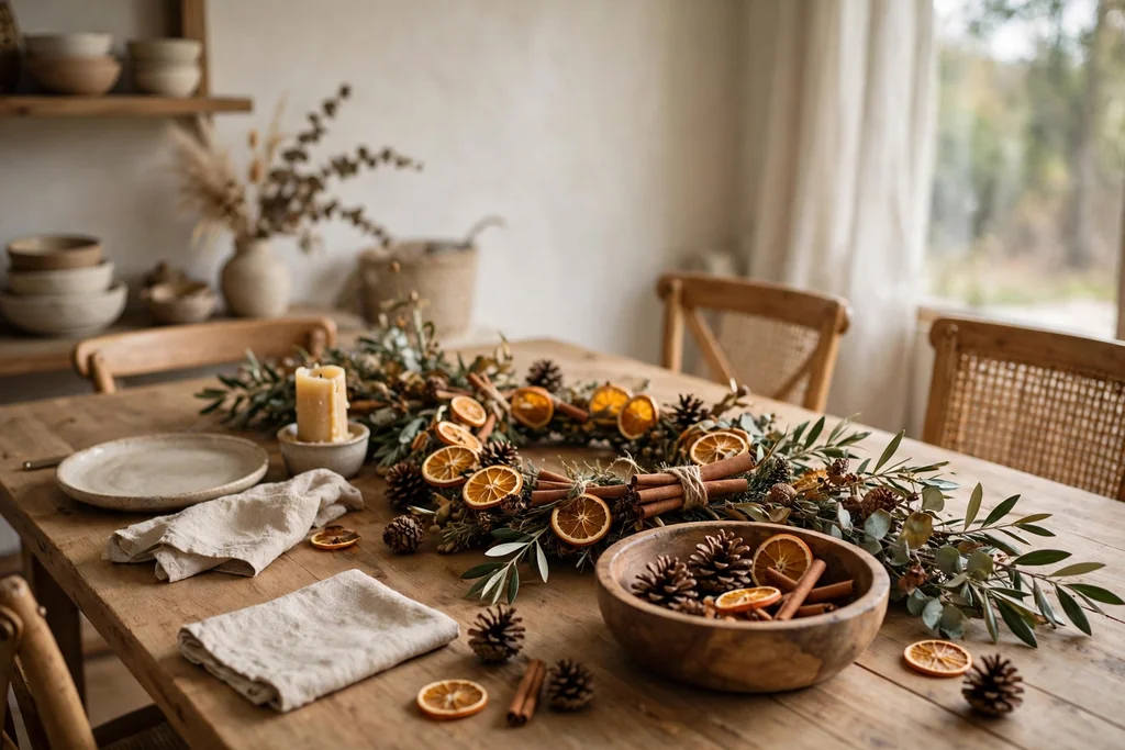Dining table with a garland of dried orange slices, cinnamon sticks, and pinecones.