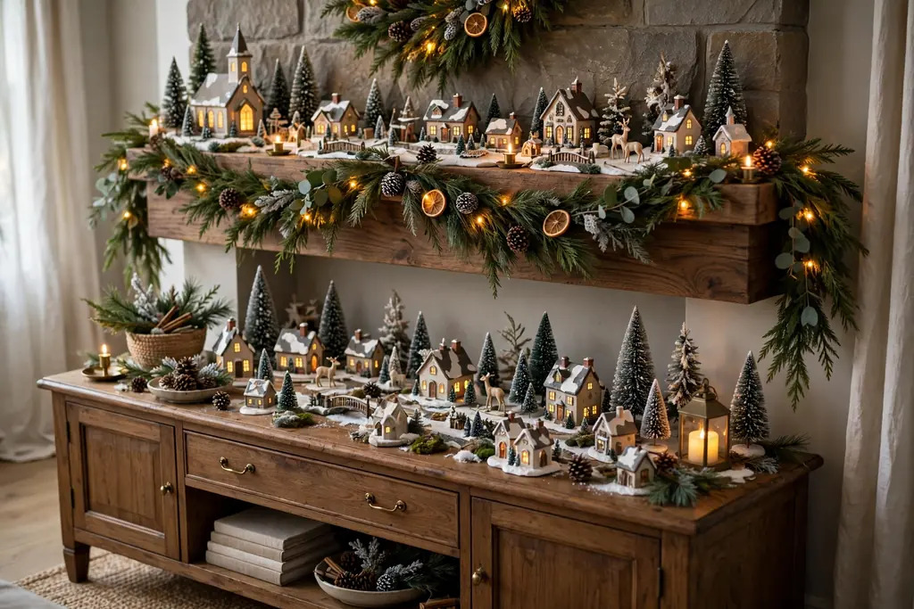 Mantel with a miniature Christmas village with small houses, tiny trees, and warm lights.