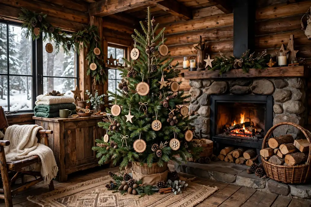 Cabin den with a pine Christmas tree, wood slice ornaments, and a log basket near a fireplace.
