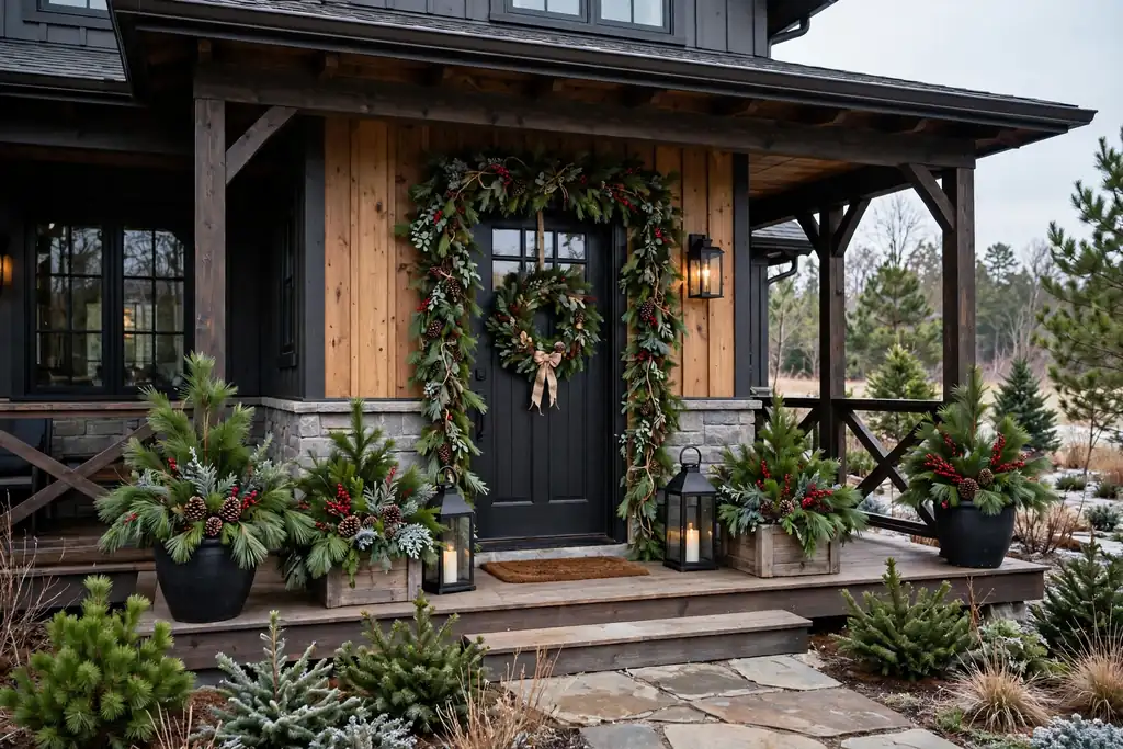 Front porch with lanterns, planters of pine and red berries, and a wreath on the door.