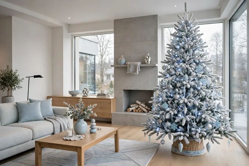 Modern living room with a frosted Christmas tree decorated in silver and pale blue ornaments.
