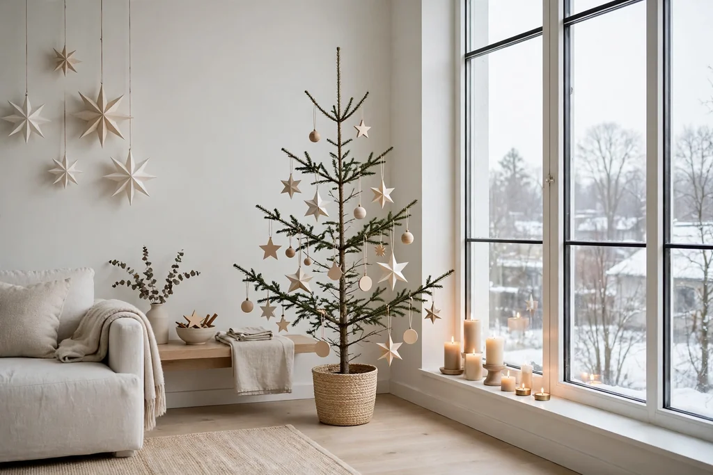 Minimal Scandinavian living room with a sparse Christmas tree, paper stars, and candles.