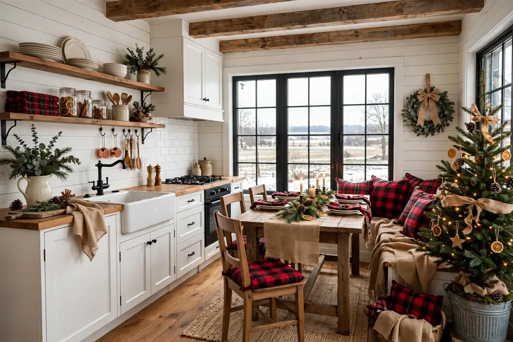 Farmhouse kitchen with a Christmas tree in a galvanized bucket and plaid cushions.