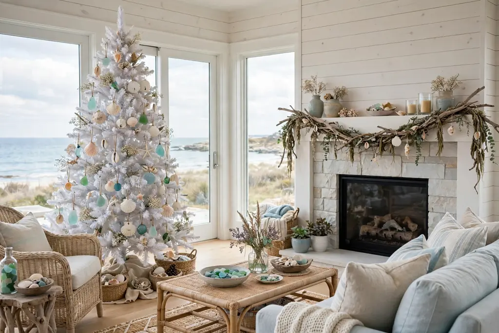 Coastal living room with a white Christmas tree decorated with shells and sea glass ornaments.
