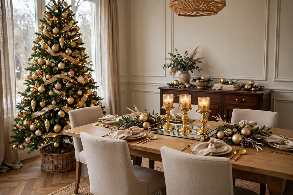 Dining room with a Christmas tree dressed in gold and champagne ornaments and gold candle holders.