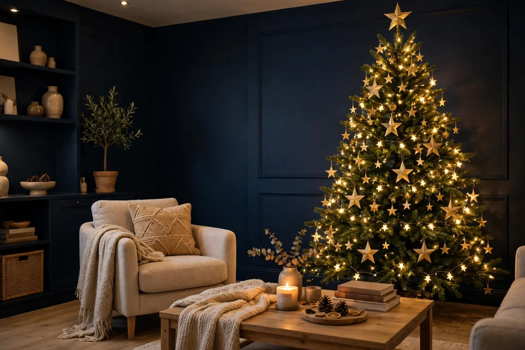 Evening living room with a Christmas tree decorated in gold stars against deep navy.