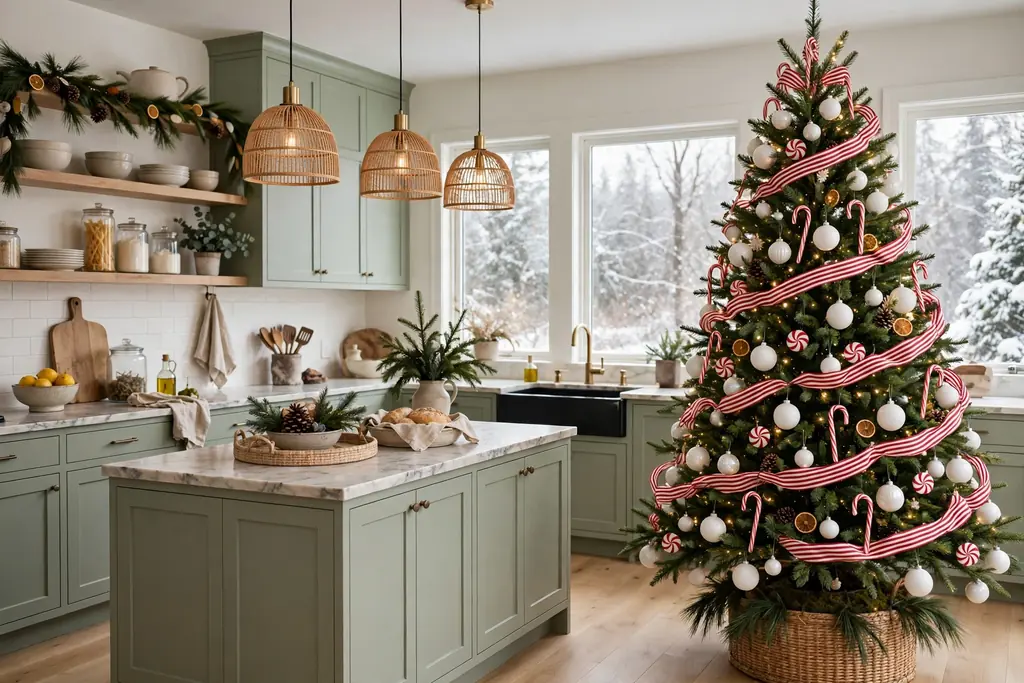 Kitchen with a Christmas tree decorated in red and white striped ribbon and candy canes.