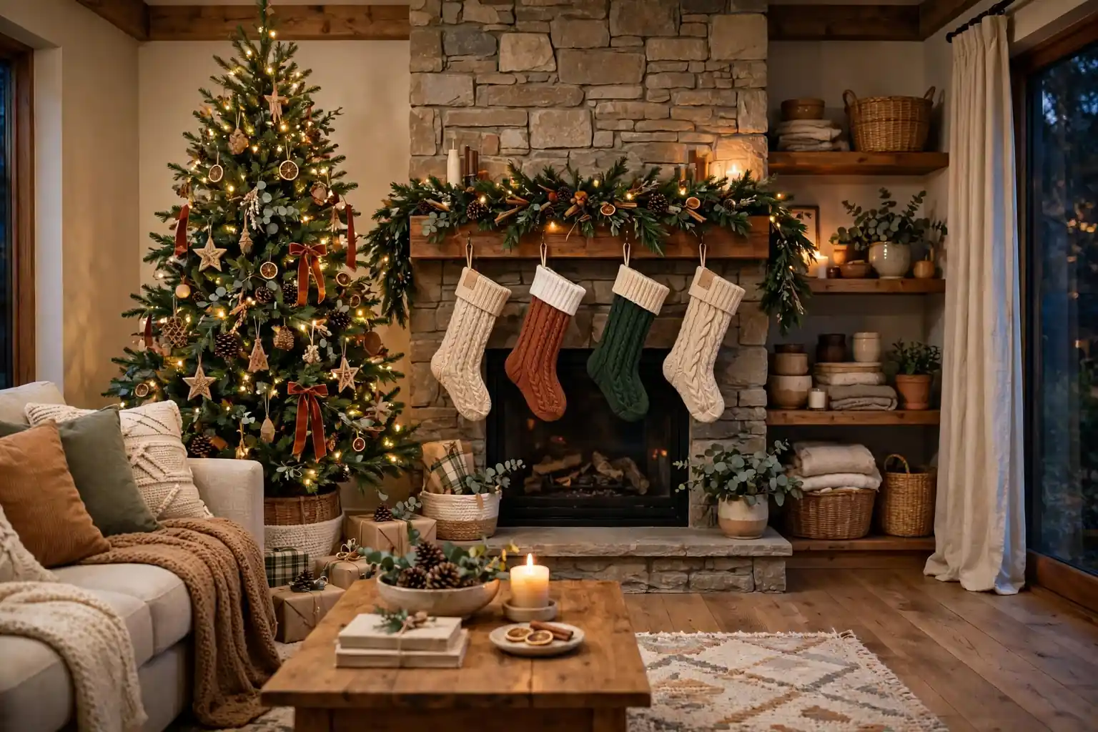 Warm living room decorated for Christmas with a full tree, a mantel with stockings, and soft warm light.