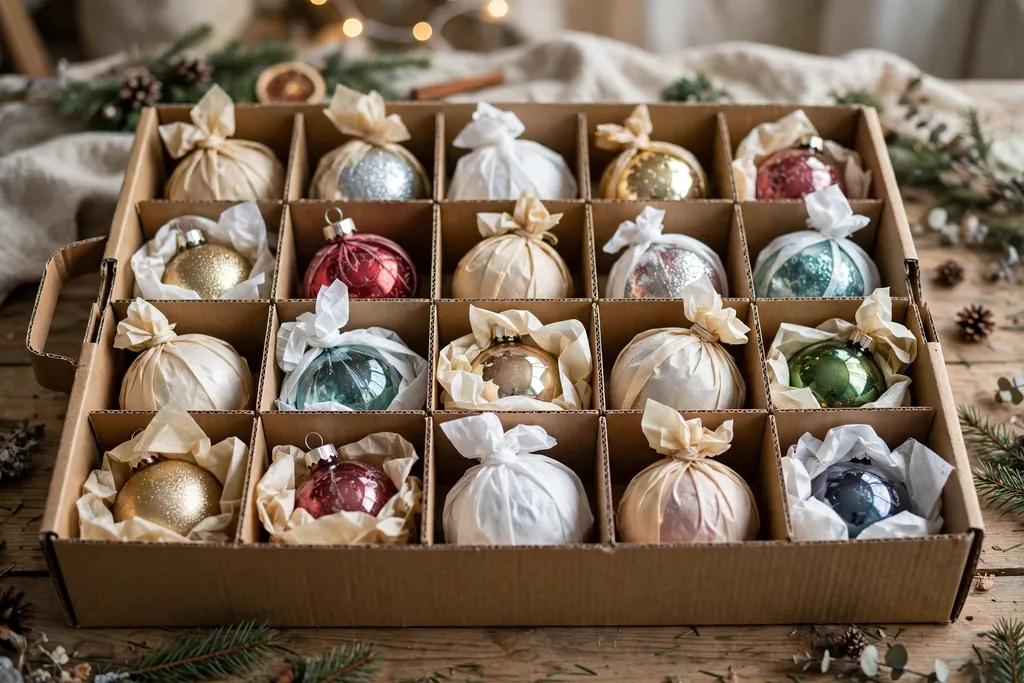 Divided ornament storage box with tissue wrapped glass ornaments in separate cells.