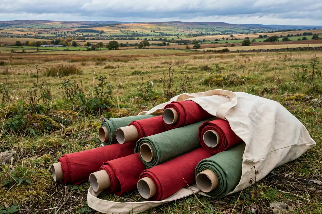 Red and green table linens rolled around cardboard tubes in a cloth bag.