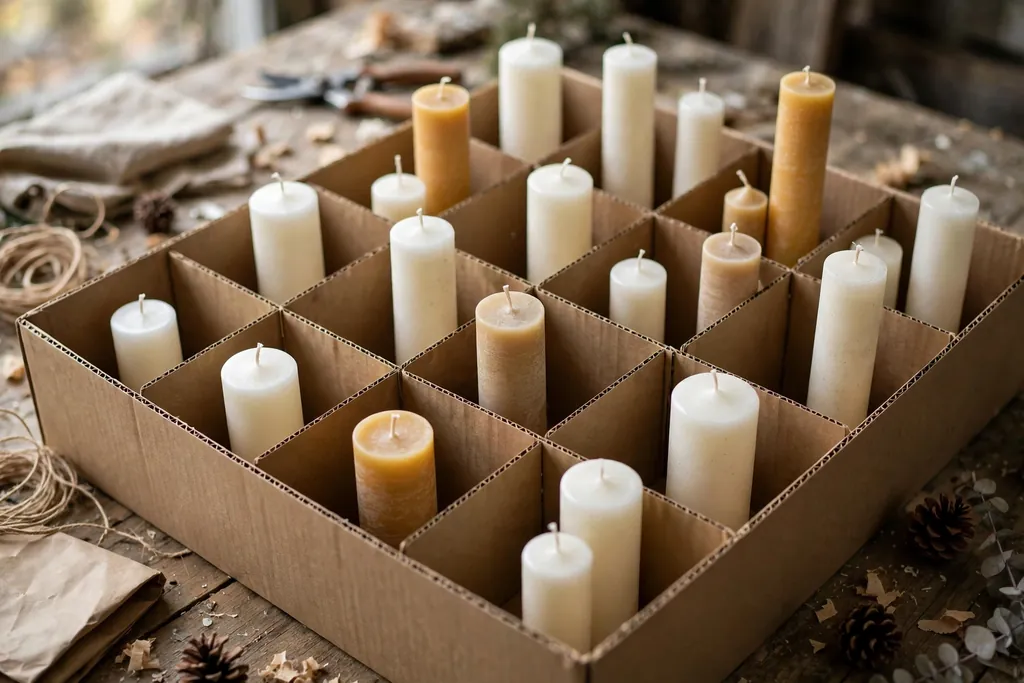 Candles stored upright in a divided box with cardboard dividers.