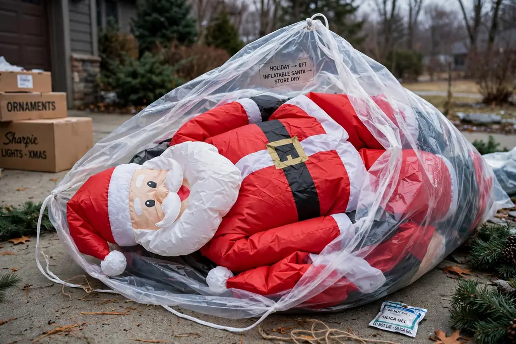 Folded inflatable Christmas decoration packed loosely in a large storage bag.