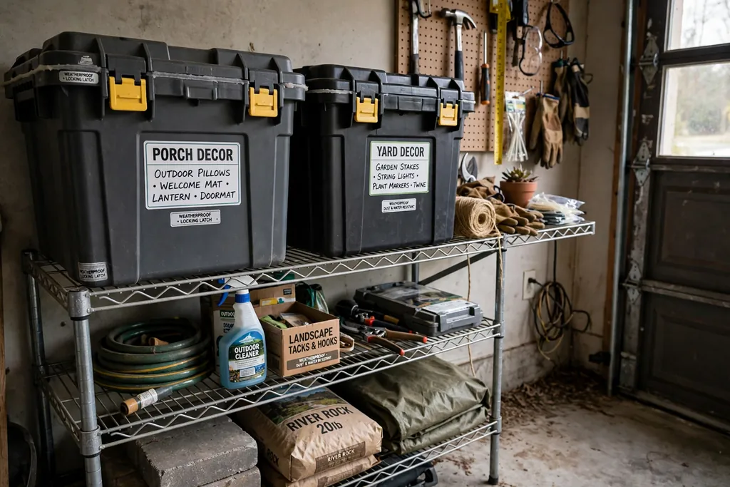 Weatherproof latched totes labeled for porch and yard decor on a garage shelf.