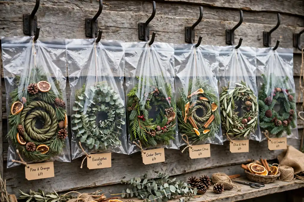 Garland coils in clear zip bags hung from sturdy hooks on a wall.