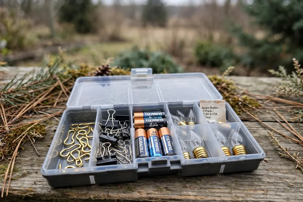 Small divided kit box with ornament hooks, clips, batteries, and spare bulbs.