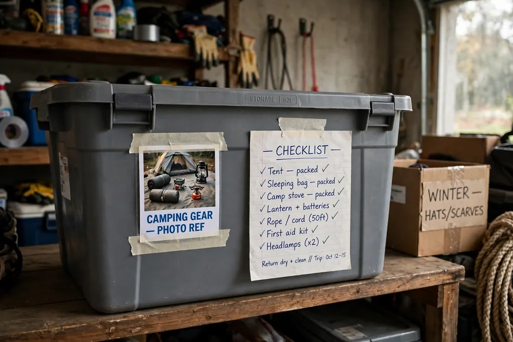 Labeled storage bin with a photo label taped to the outside and a written list.