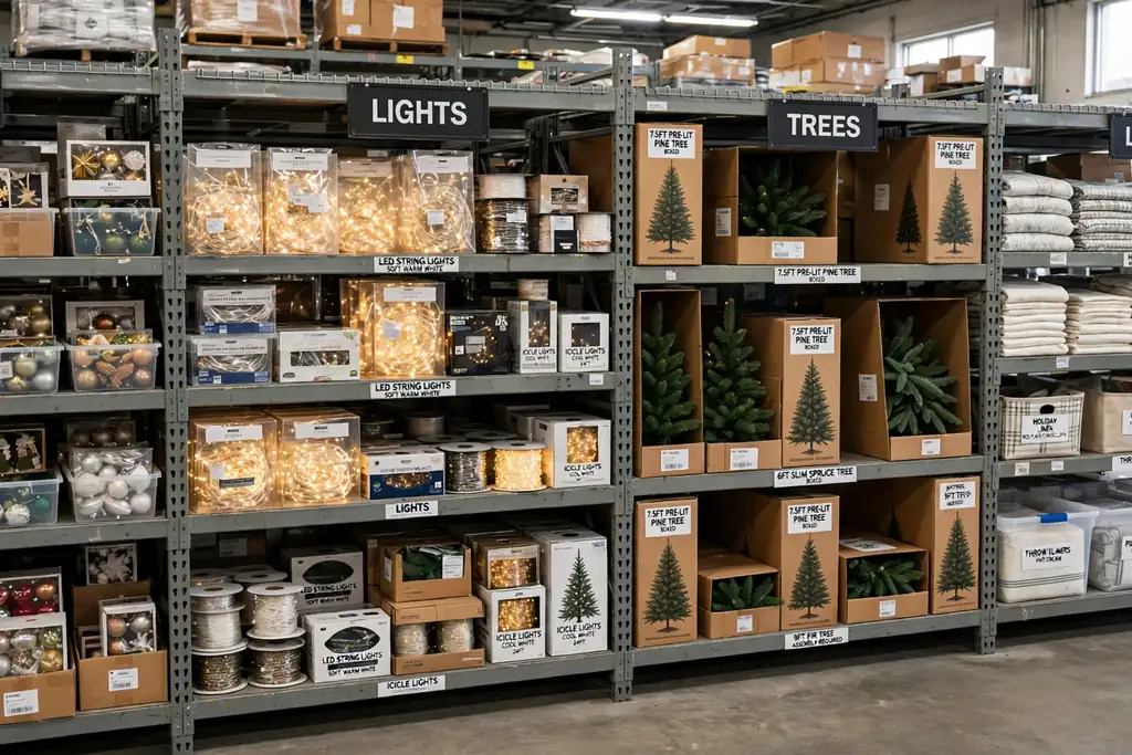 Storage shelves divided into labeled zones for ornaments, lights, trees, and linens.