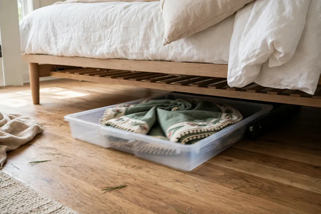 Low flat storage bin with a folded tree skirt sliding under a bed.