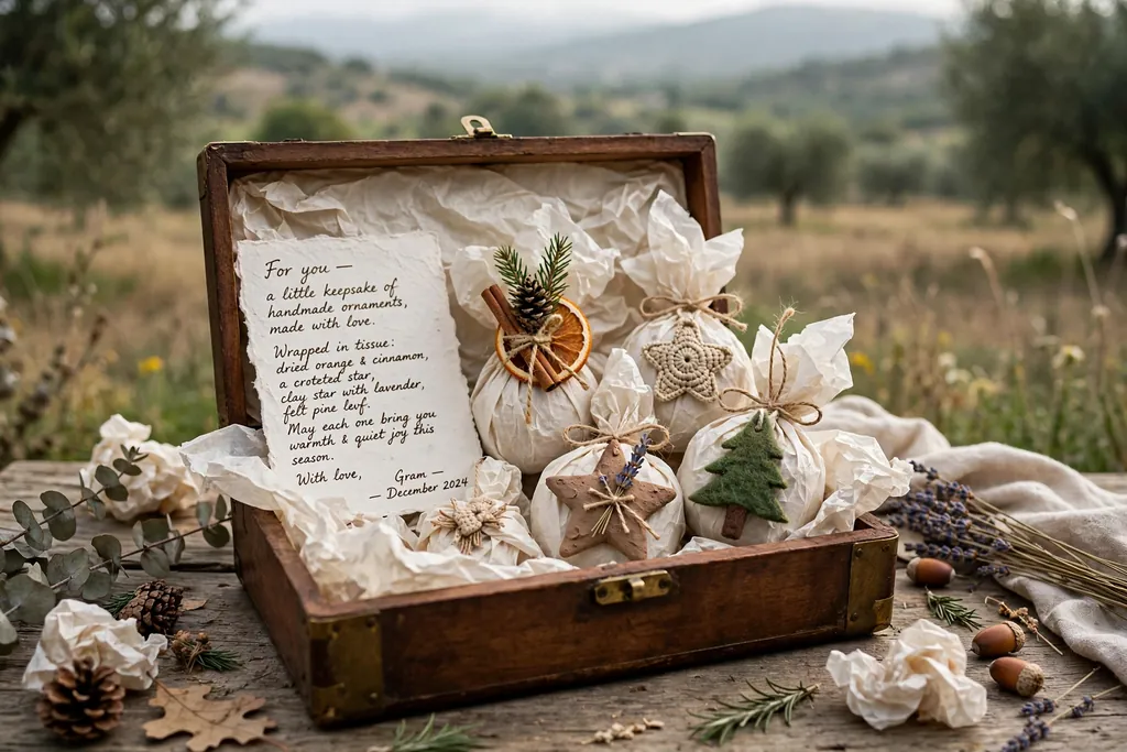 Keepsake box with tissue wrapped handmade ornaments and a handwritten note inside.