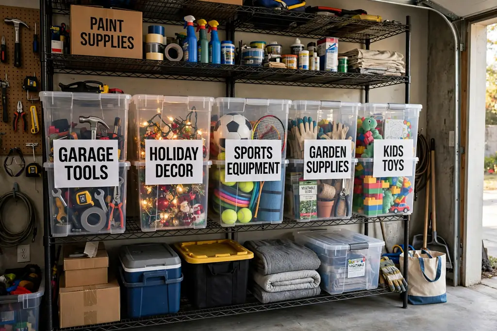 Clear stackable storage bins with large room labels on a garage shelf.