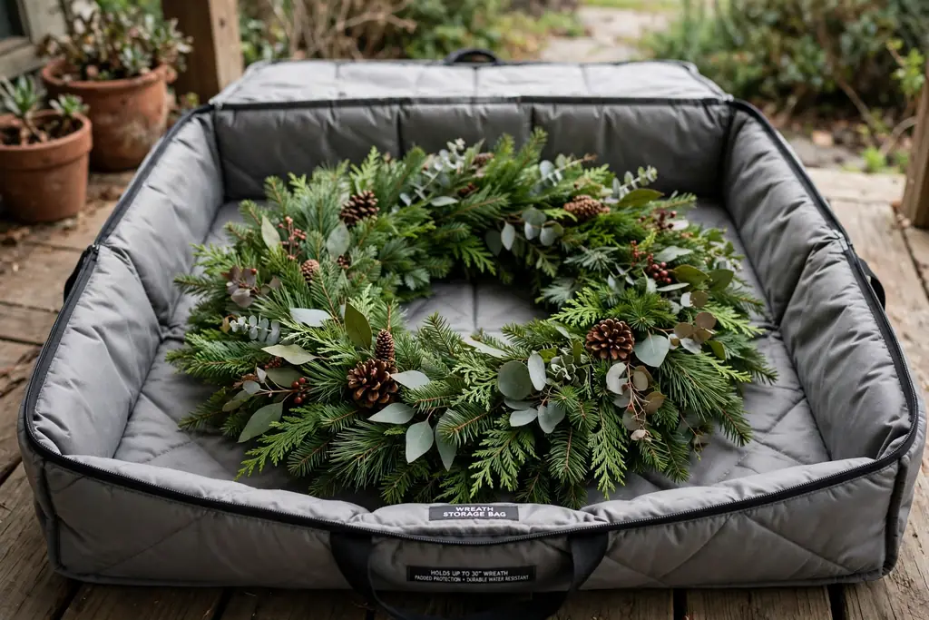 Green wreath placed flat inside a padded wreath storage bag.