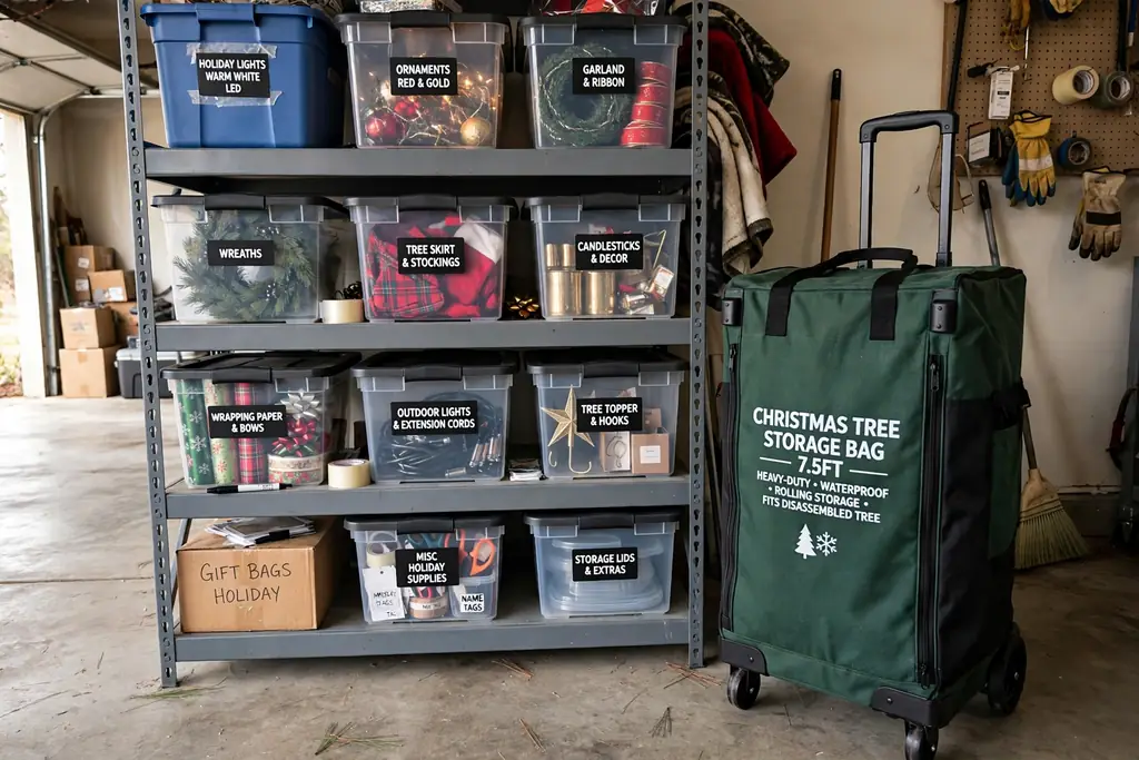 Rolling Christmas tree storage bag with wheels beside a shelf of labeled bins.