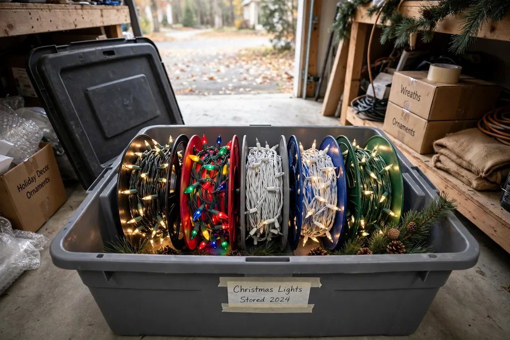 Christmas light strands wound neatly onto reels inside an open storage bin.