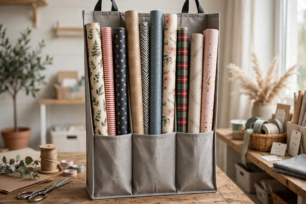 Wrapping paper rolls standing upright in a tall narrow organizer.