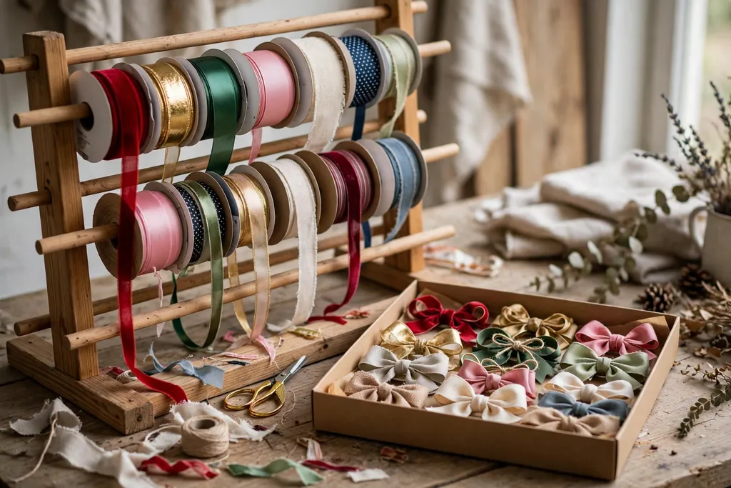 Ribbon spools on a dowel rack beside a shallow box of finished bows.