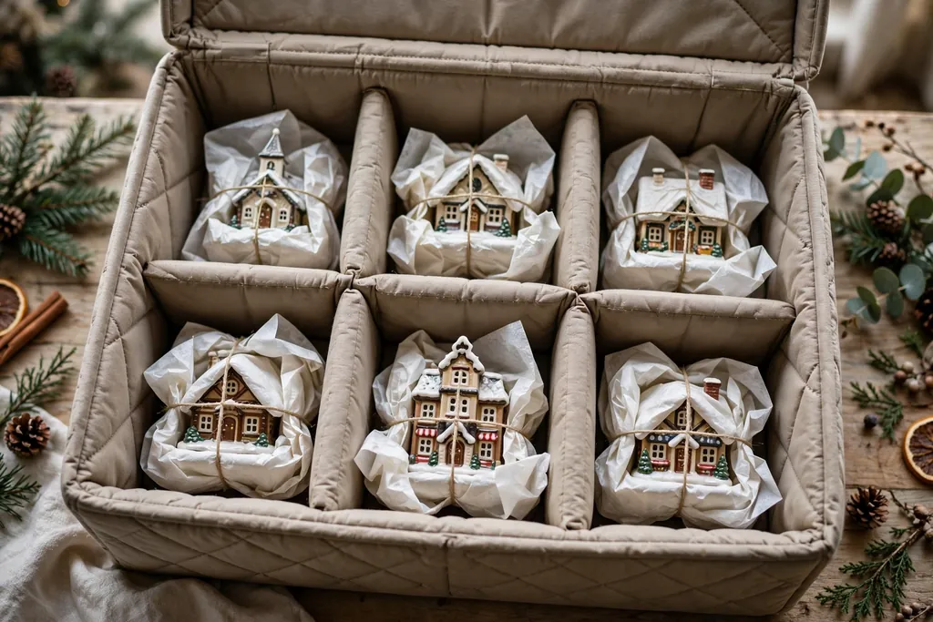 Padded box with tissue wrapped Christmas village houses in separate compartments.