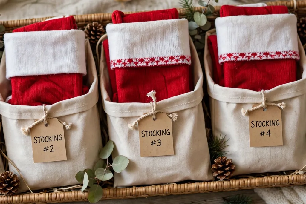 Red Christmas stockings folded flat inside cloth storage pouches in a shallow bin.