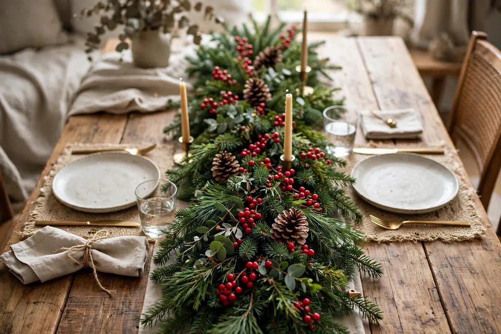 Dining table with an evergreen garland runner, pinecones, and small red berries down the center.