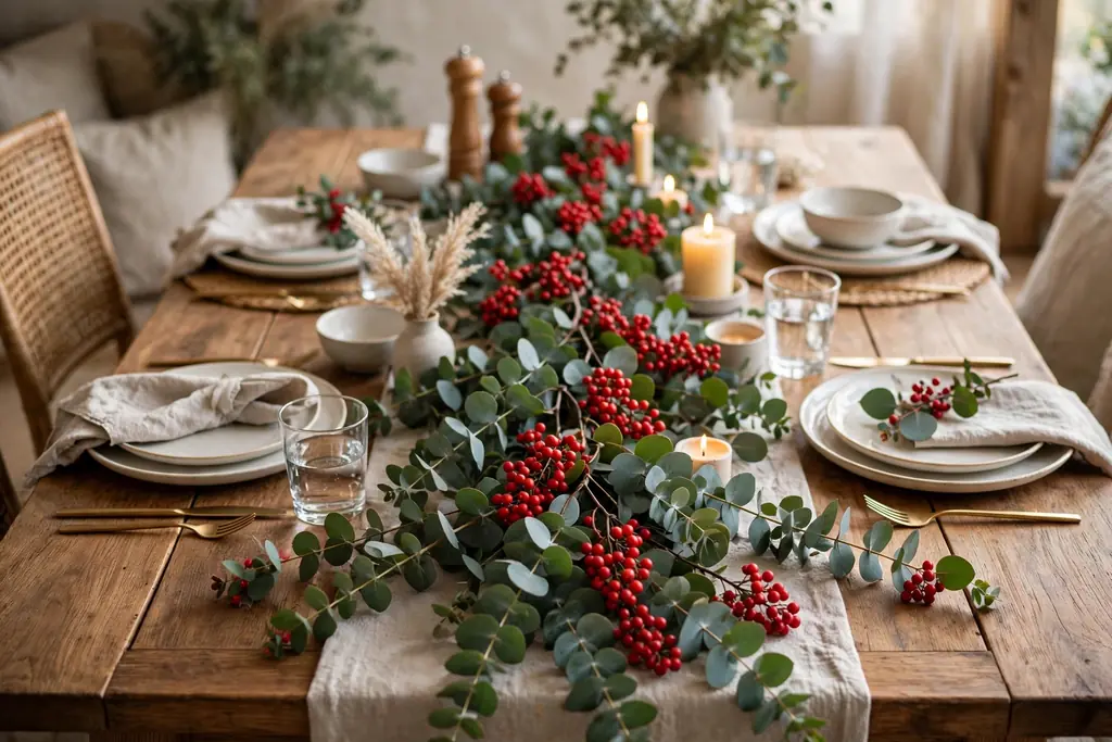 Dining table with a eucalyptus runner and red berry clusters down the center.