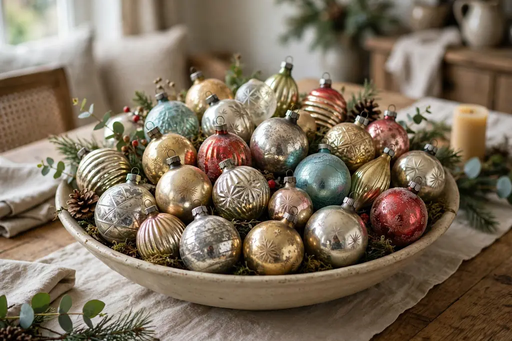 Wide shallow bowl filled with vintage style glass Christmas ornaments as a dining table centerpiece.