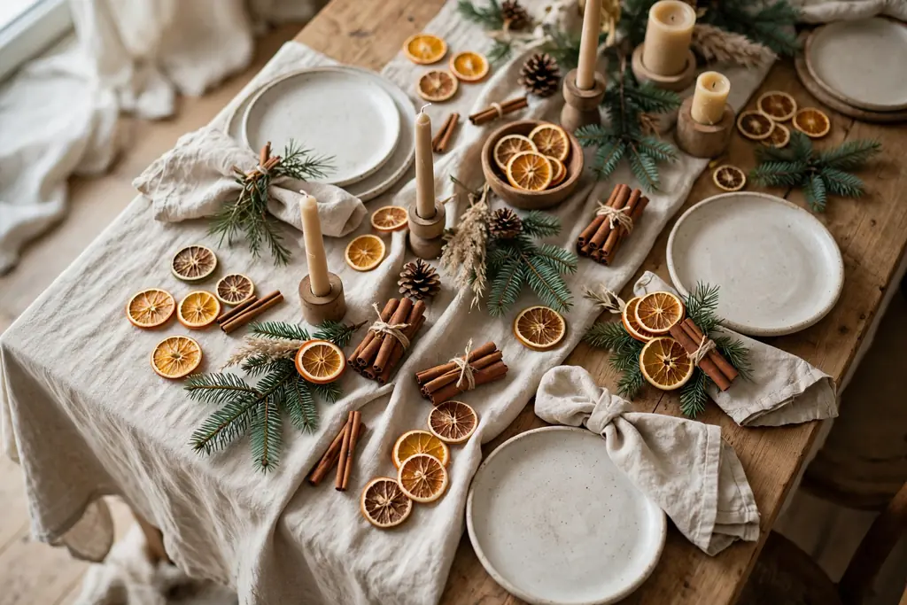 Natural linen Christmas dining table with dried orange slices, cinnamon sticks, and fir sprigs.