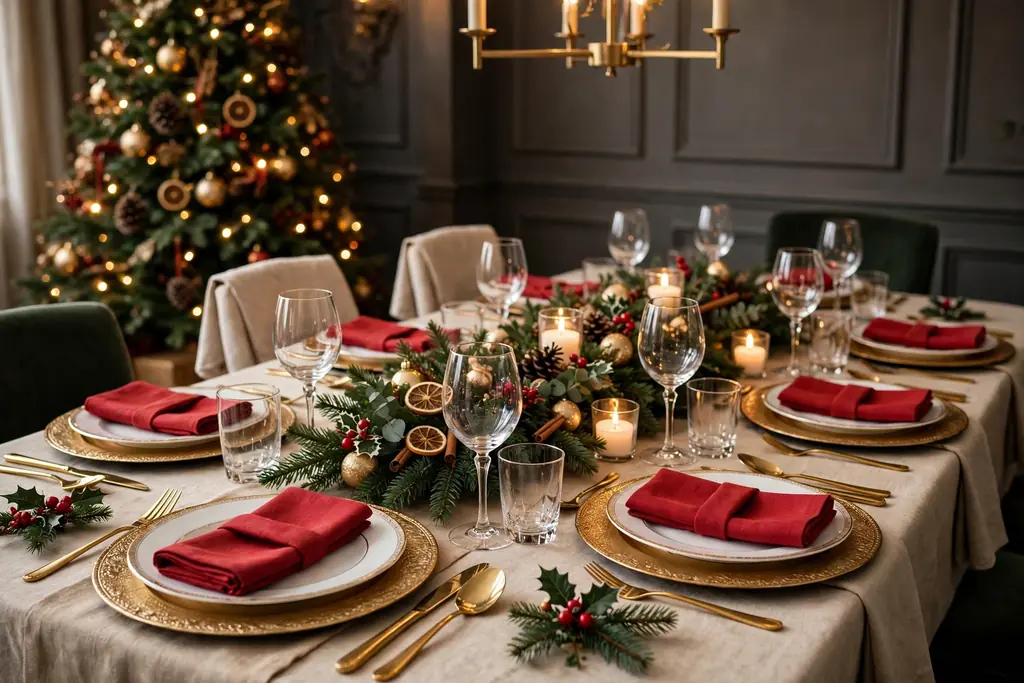 Formal Christmas dining table with gold chargers, white plates, and red cloth napkins.