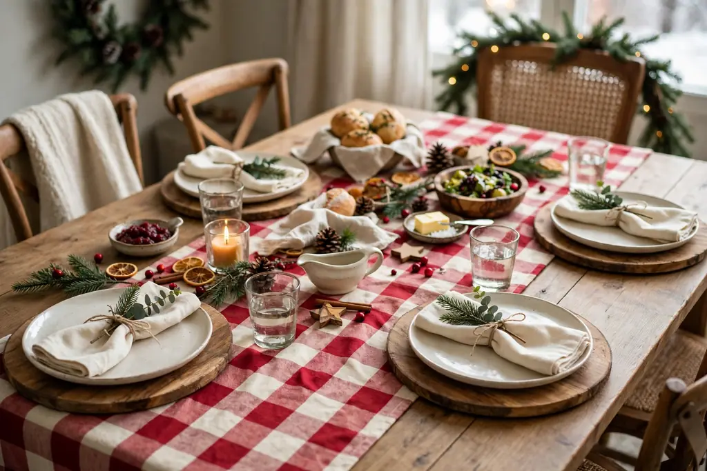 Casual family Christmas dining table with a red and cream buffalo check runner and wood chargers.
