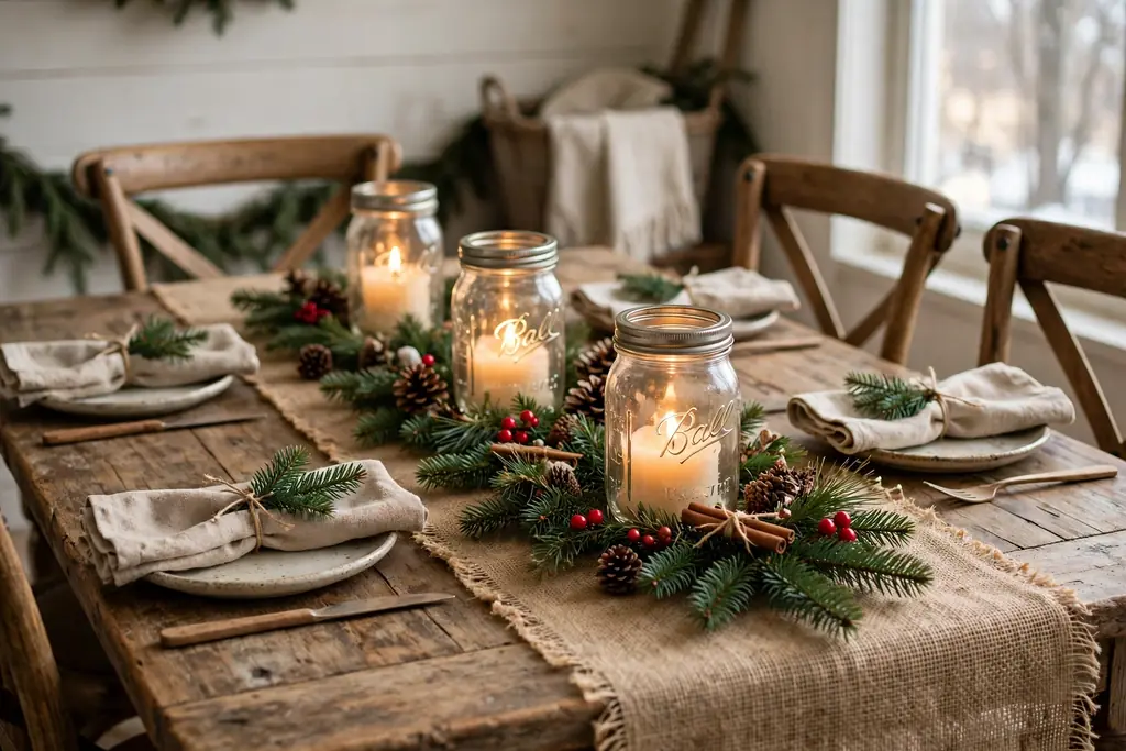 Farmhouse Christmas dining table with a burlap runner, mason jars with candles, and fir sprigs.