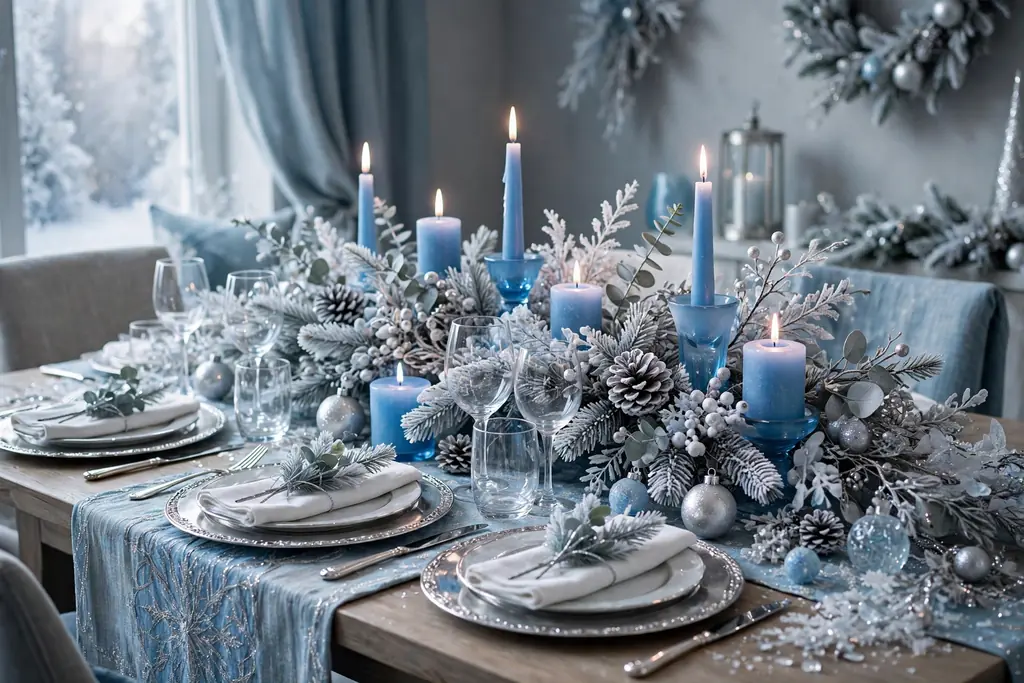 Icy blue and silver Christmas dining table with silver chargers, frosted branches, and blue candles.