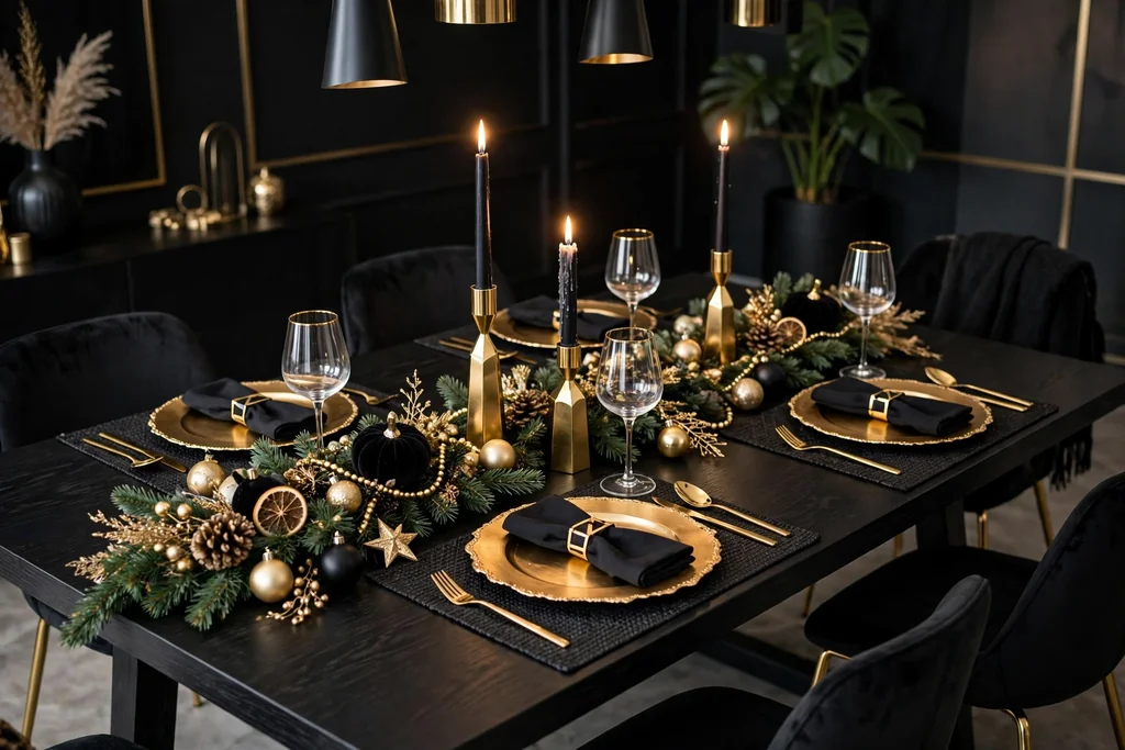 Modern black and gold Christmas dining table with black placemats, gold chargers, and gold candle holders.