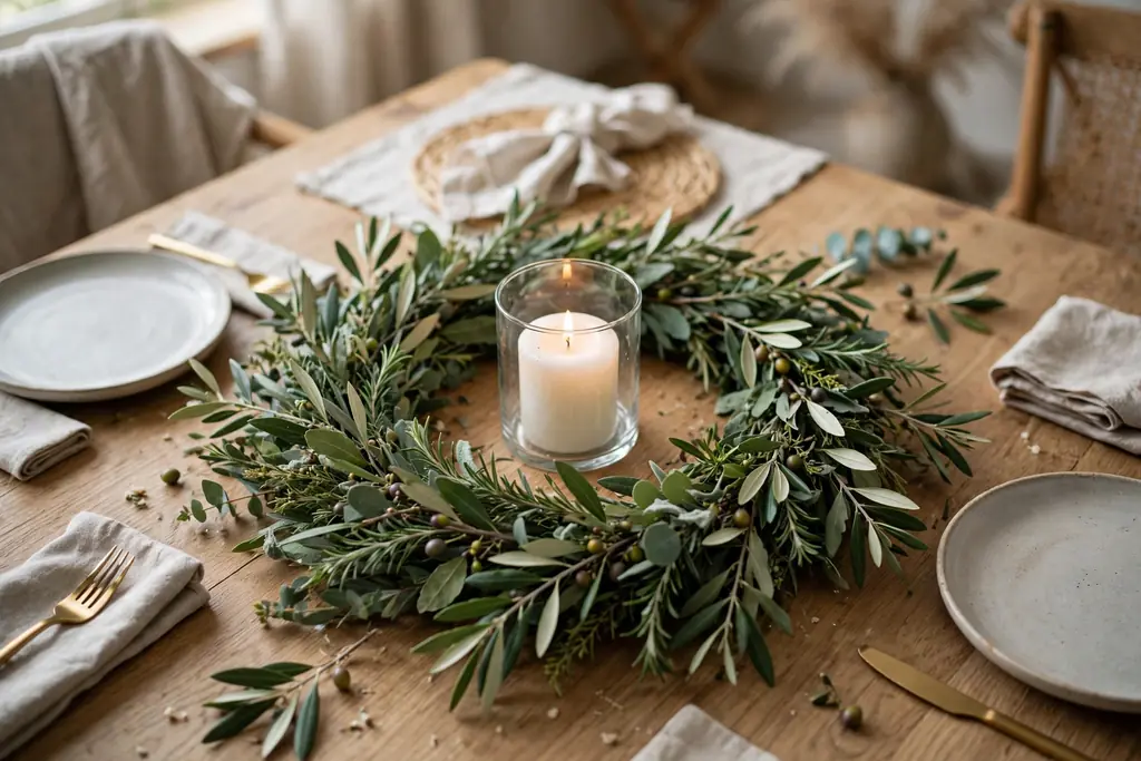 Dining table with a flat greenery wreath centerpiece and a pillar candle in a glass holder in the middle.