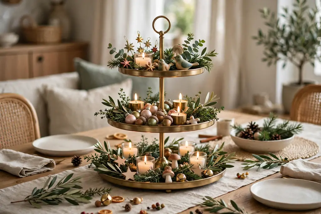 Dining table with a tiered stand filled with small ornaments, greenery sprigs, and candles.