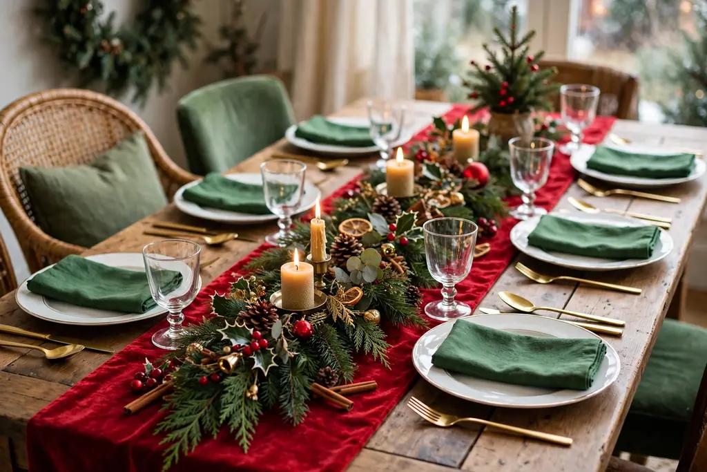 Classic red and green Christmas dining table with a red runner, white plates, and green napkins.