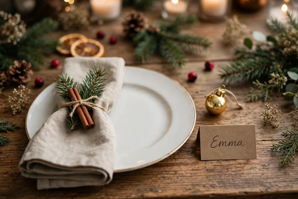 Christmas dining table place setting with a small ornament and a handwritten name card beside a plate.