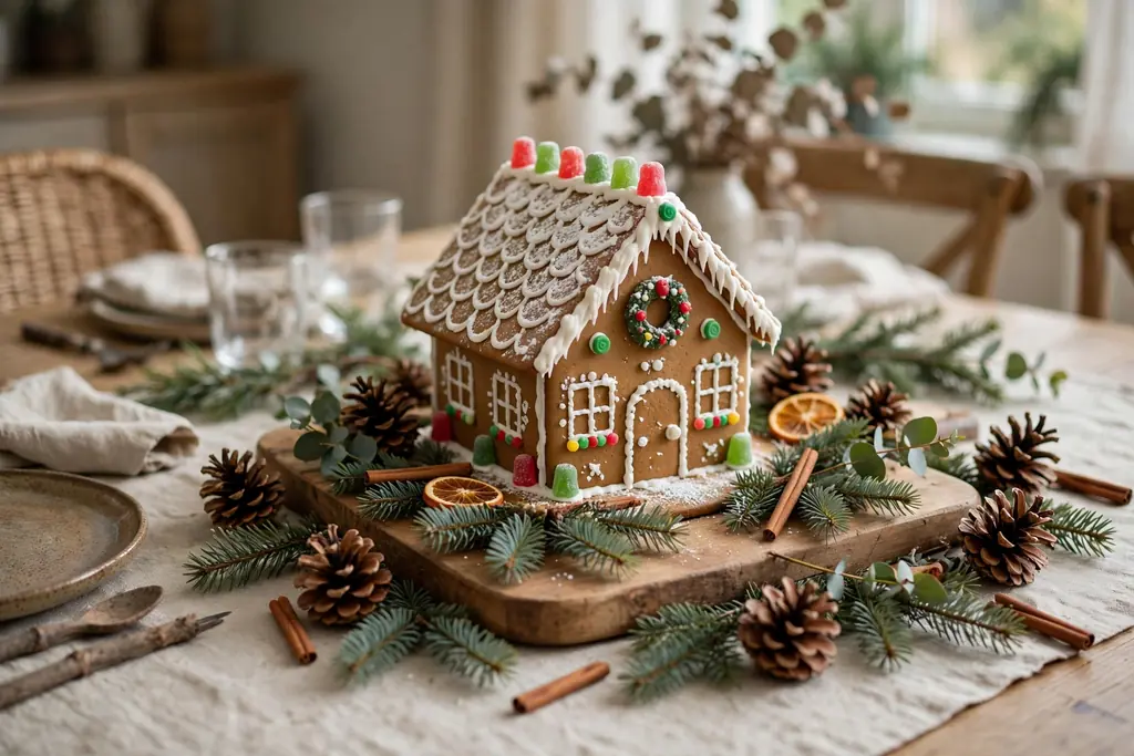 Dining table with a gingerbread house centerpiece on a board, fir sprigs, and pinecones around the base.