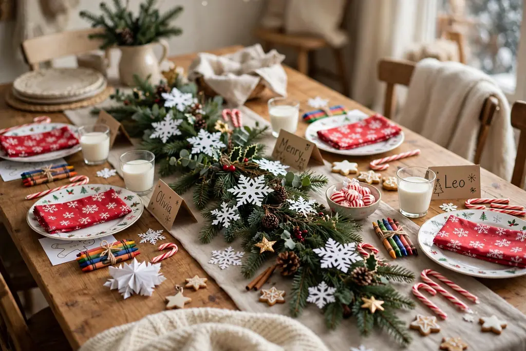 Family Christmas dining table with festive kids place settings, paper snowflakes, and small candy canes.